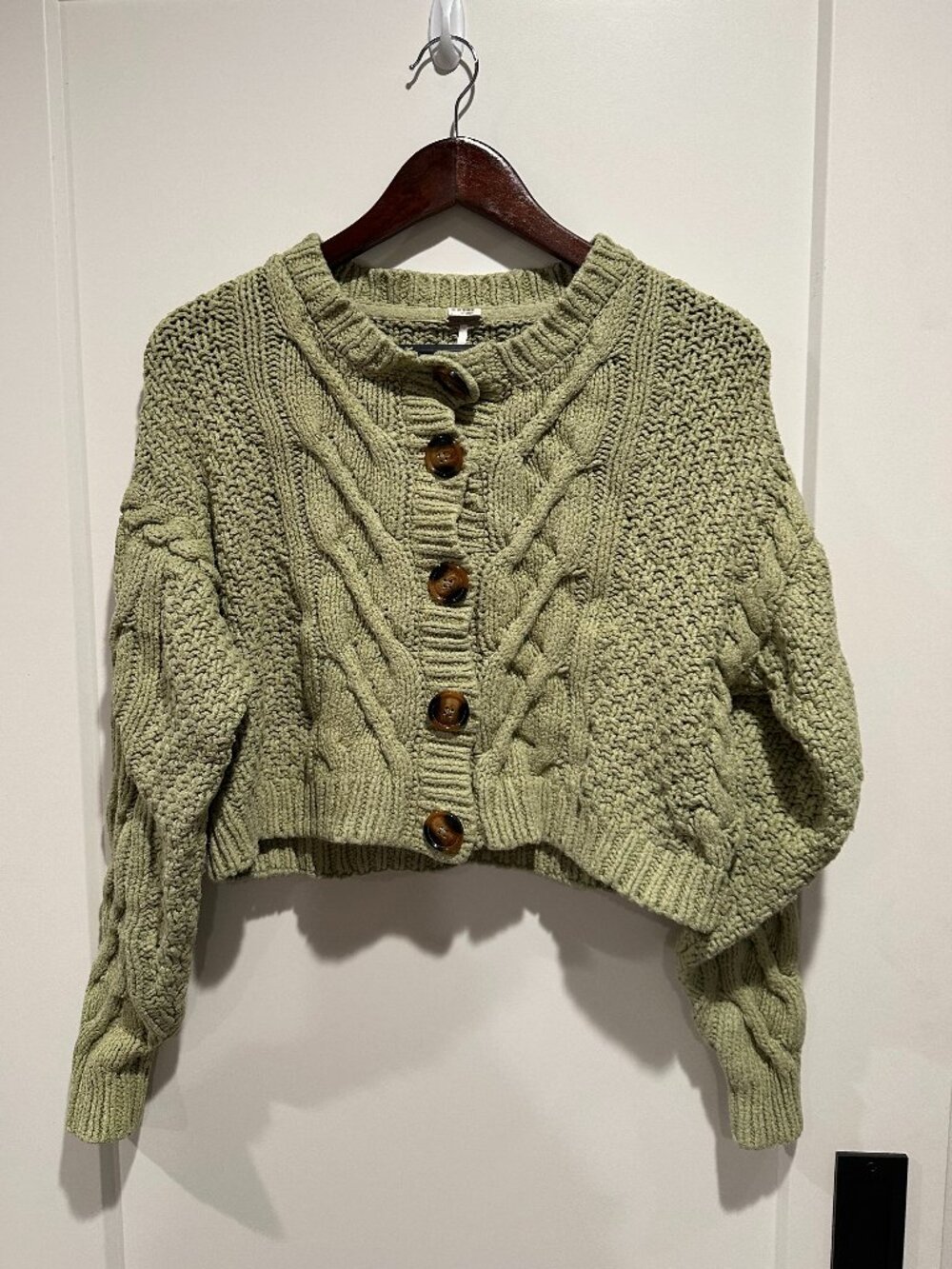 Free People Cropped Cable Knit Cardigan in Sage Green